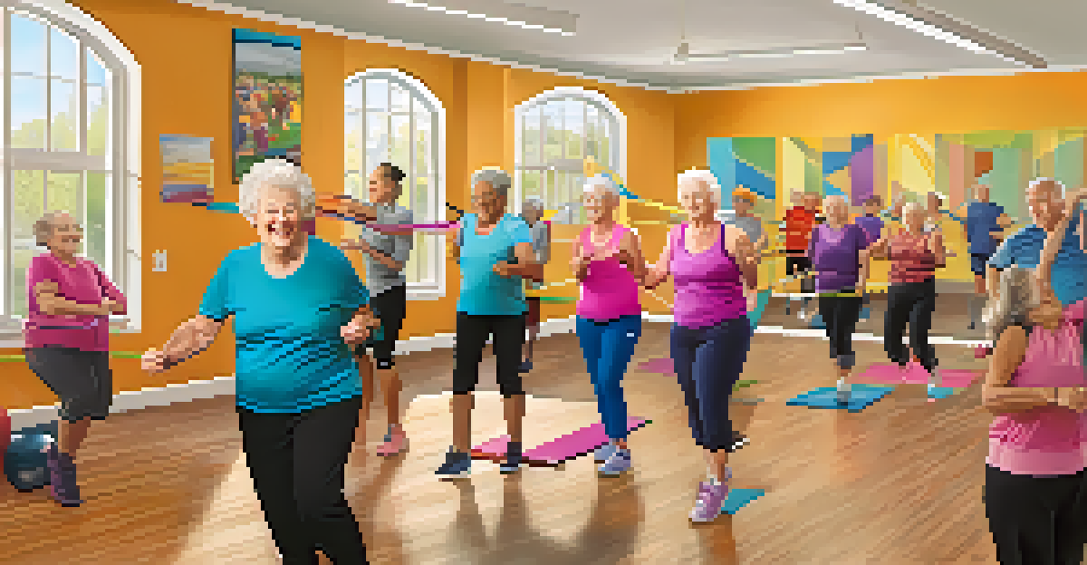 Seniors actively engaged in a group fitness class with an enthusiastic instructor in a community center.