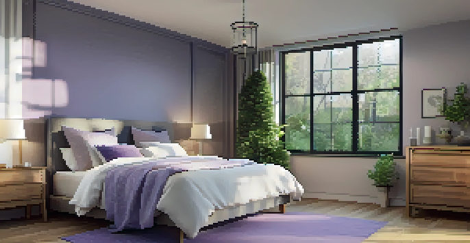 A cozy bedroom with a bed, diffuser, and plants, illuminated by moonlight, creating a calming atmosphere.