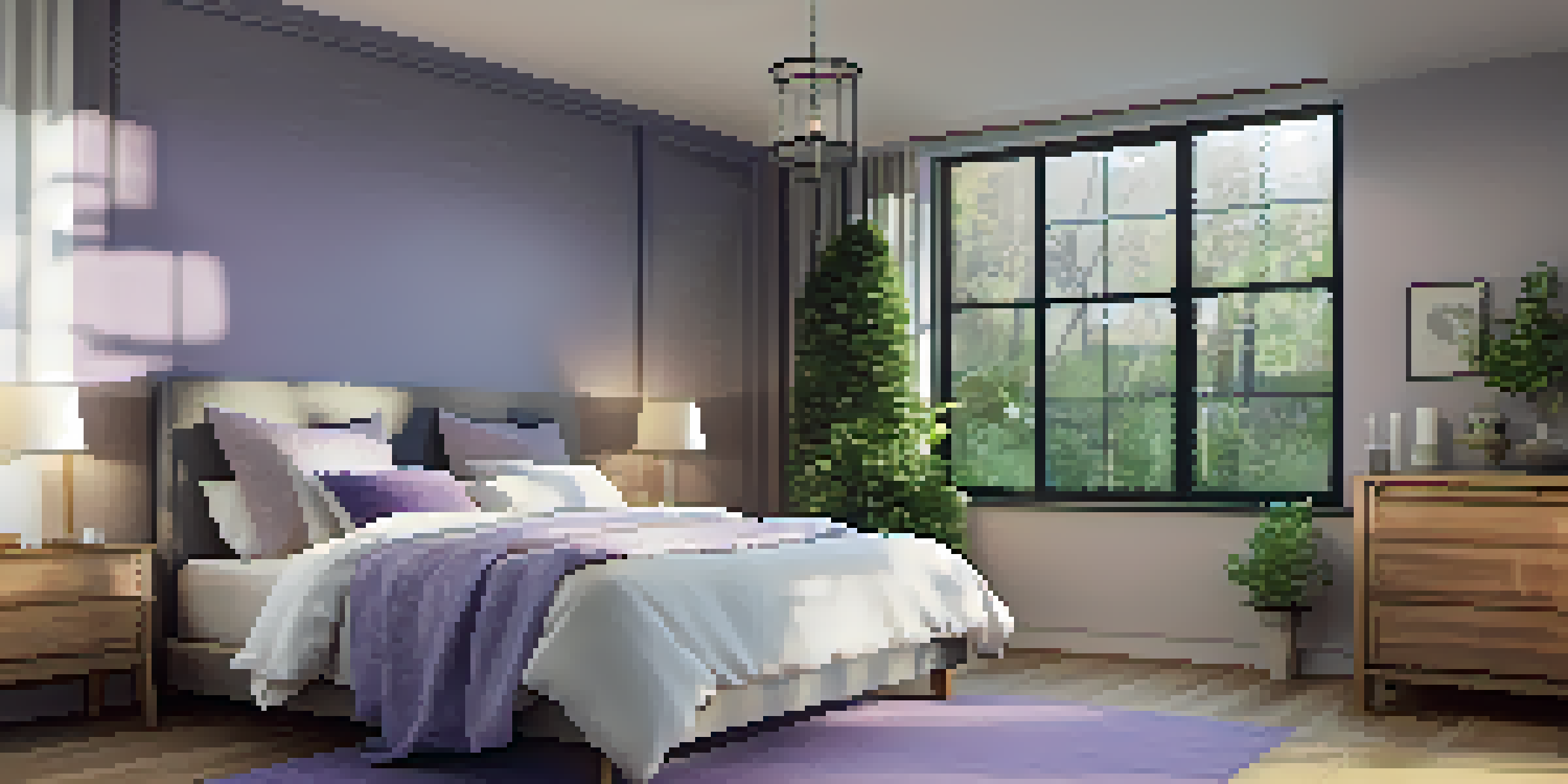 A cozy bedroom with a bed, diffuser, and plants, illuminated by moonlight, creating a calming atmosphere.