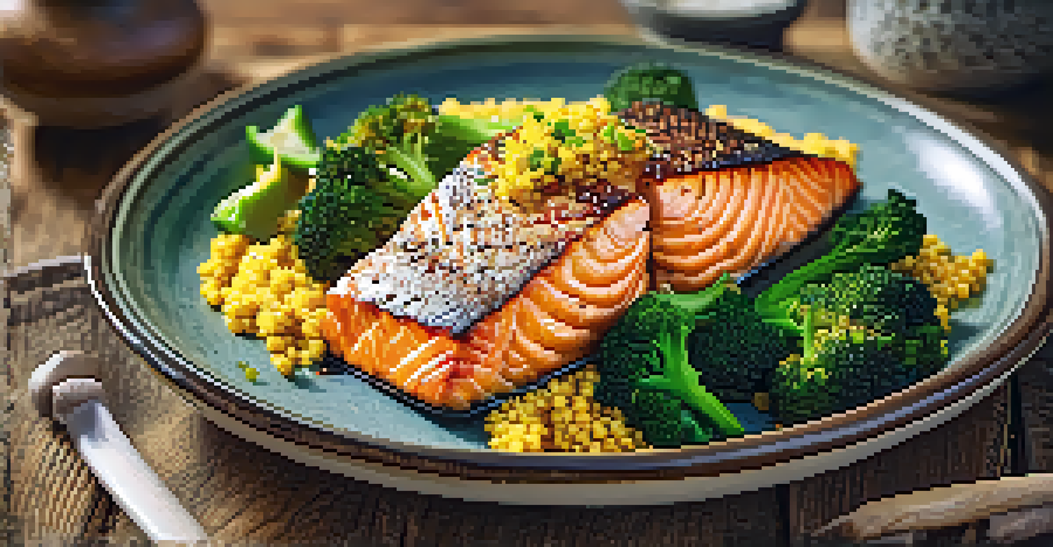A close-up view of an anti-inflammatory meal with salmon, broccoli, and quinoa on a rustic wooden table.