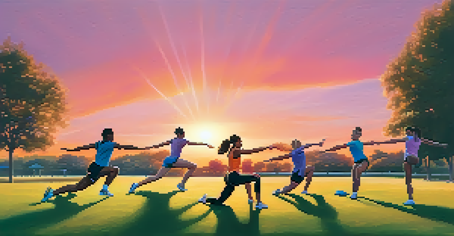 Athletes performing dynamic stretches like leg swings and high knees in a park at sunset, with colorful skies.
