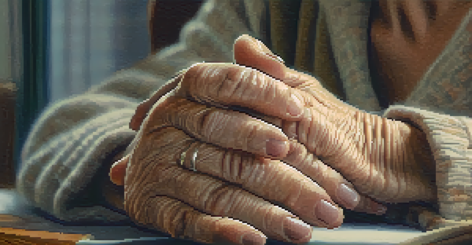 Close-up of an elderly person's hands demonstrating pursed-lip breathing in a cozy living room.