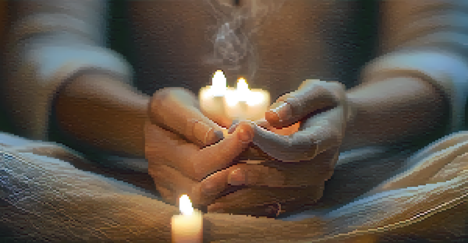 Close-up of a person's hands in a meditation pose with blurred candles and incense smoke in the background.