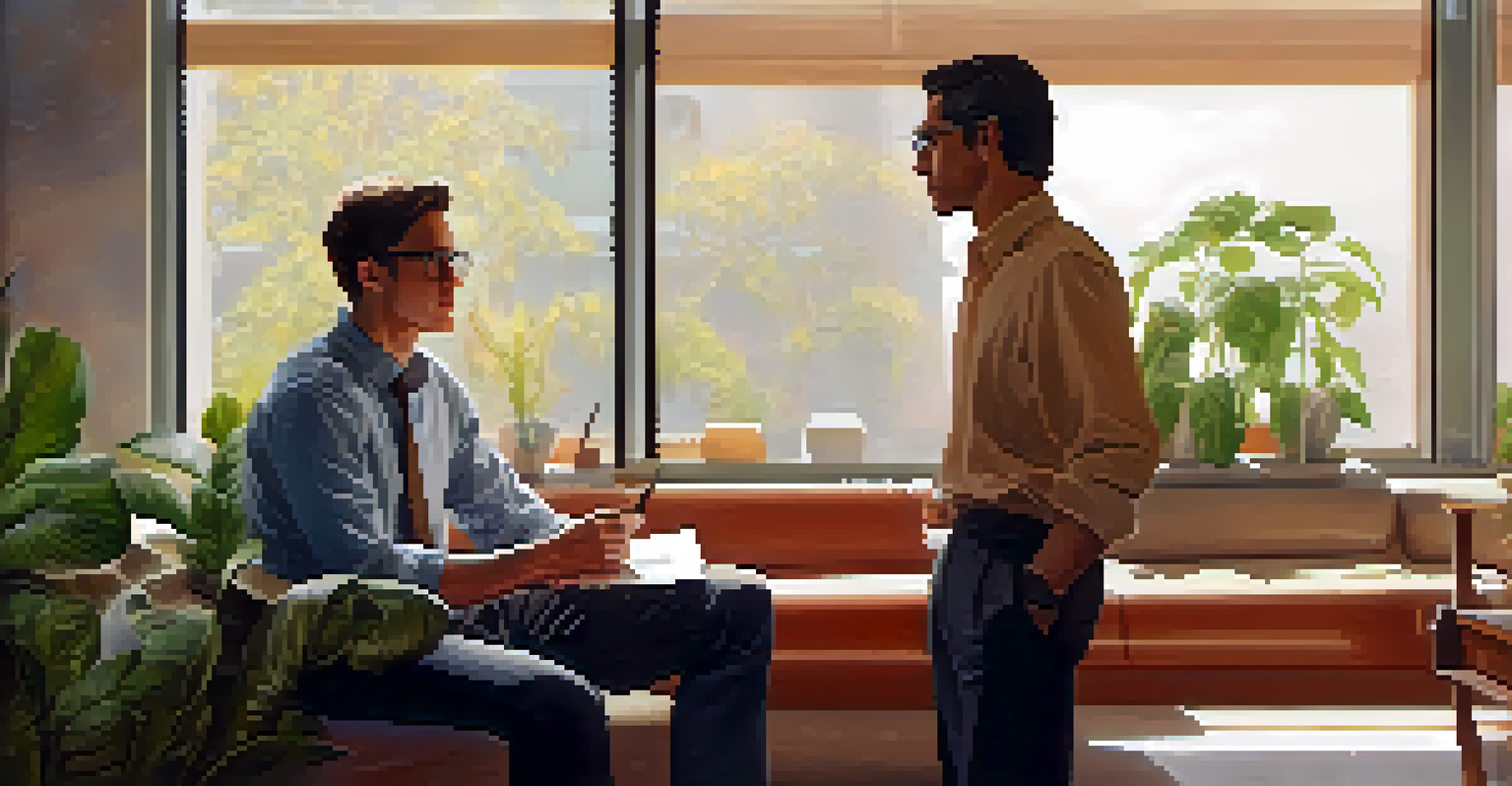 An empathetic young male leader listening to a concerned female employee in a cozy office corner, with warm colors and natural sunlight creating a supportive atmosphere.