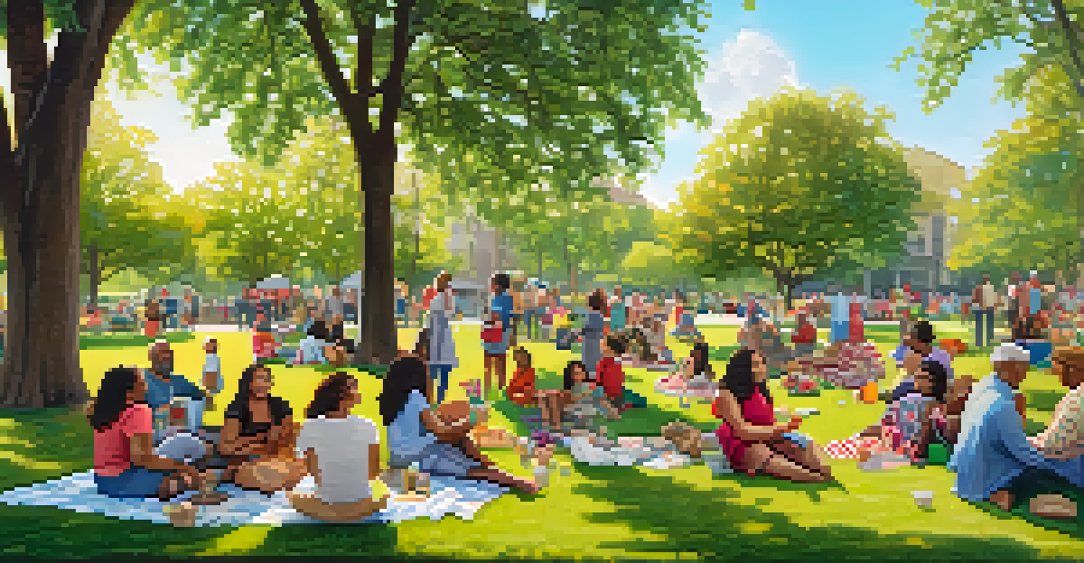 A diverse group of women laughing and sharing stories at a picnic in a park, surrounded by flowers and trees.