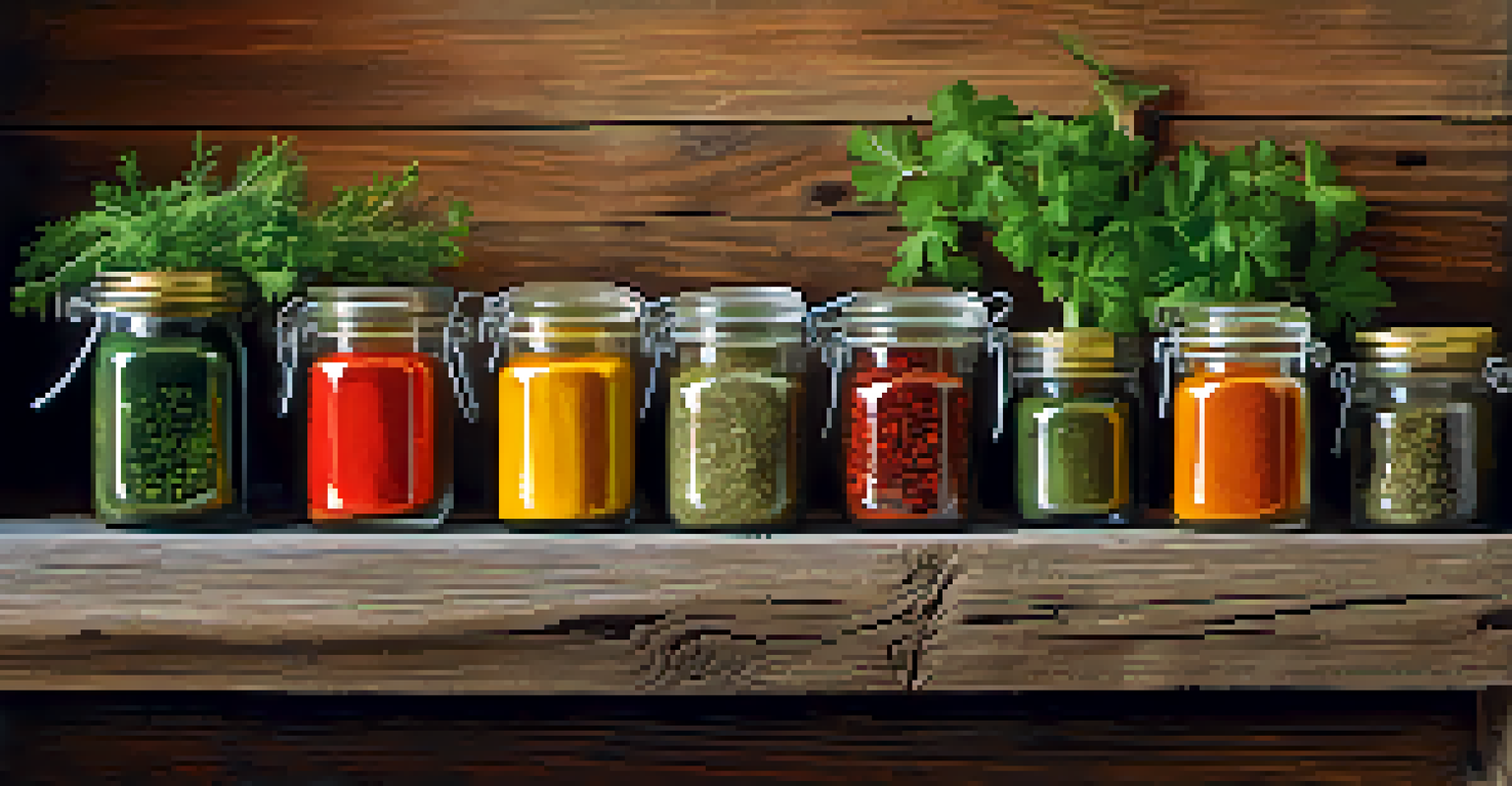 An artistic display of glass jars filled with colorful herbs and spices on a rustic wooden table, showcasing the vibrant colors and textures of culinary ingredients.