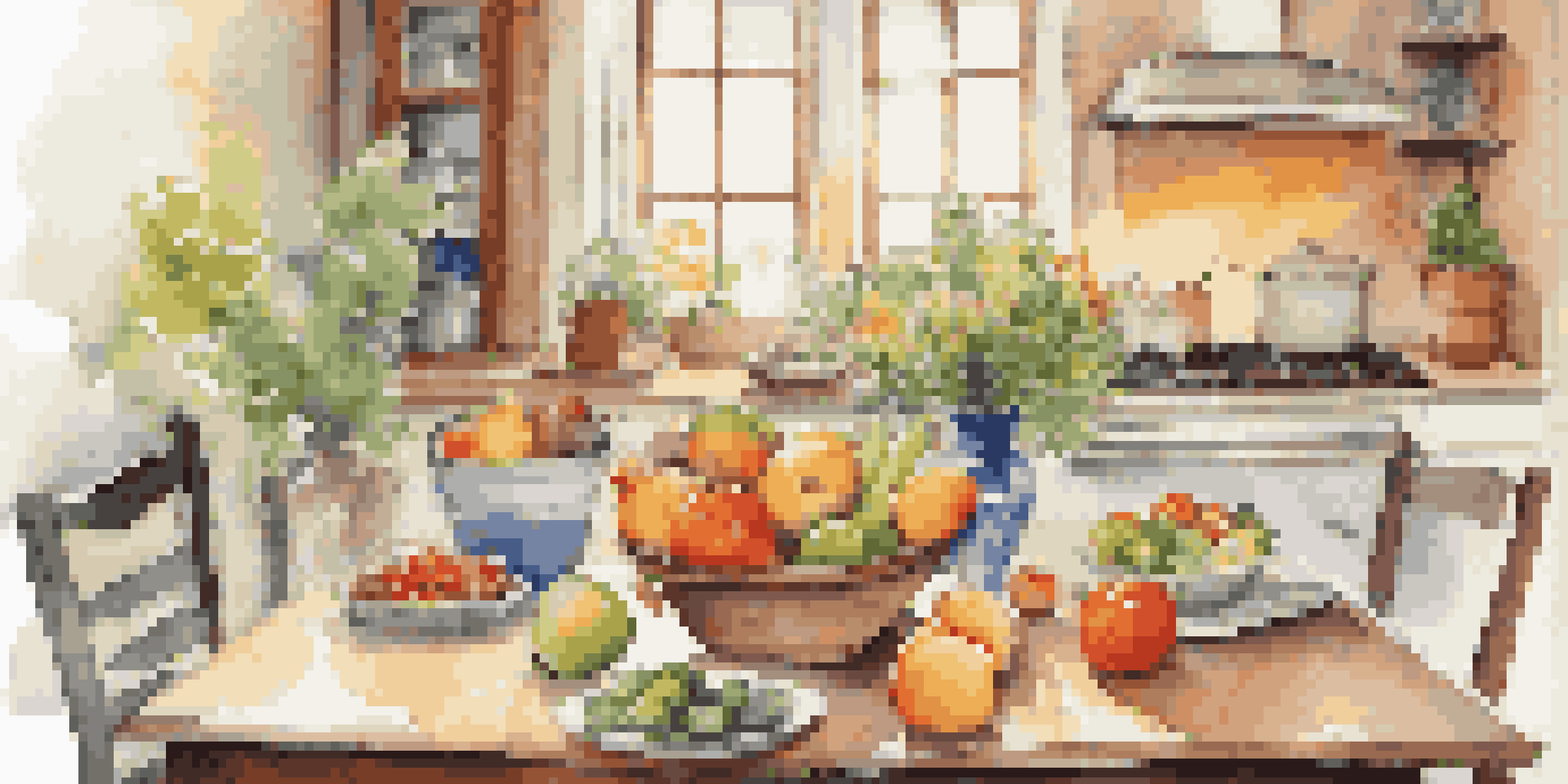 A dining table beautifully arranged with fresh produce, candlelight, and flowers, creating a calm atmosphere for eating.
