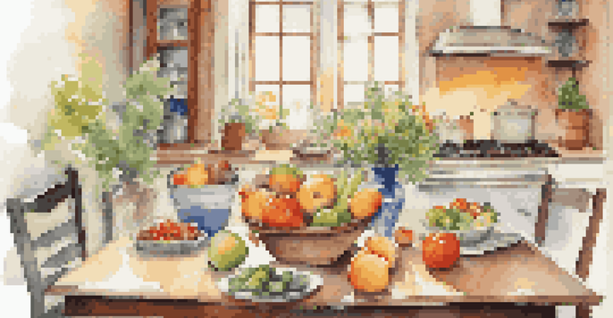 A dining table beautifully arranged with fresh produce, candlelight, and flowers, creating a calm atmosphere for eating.