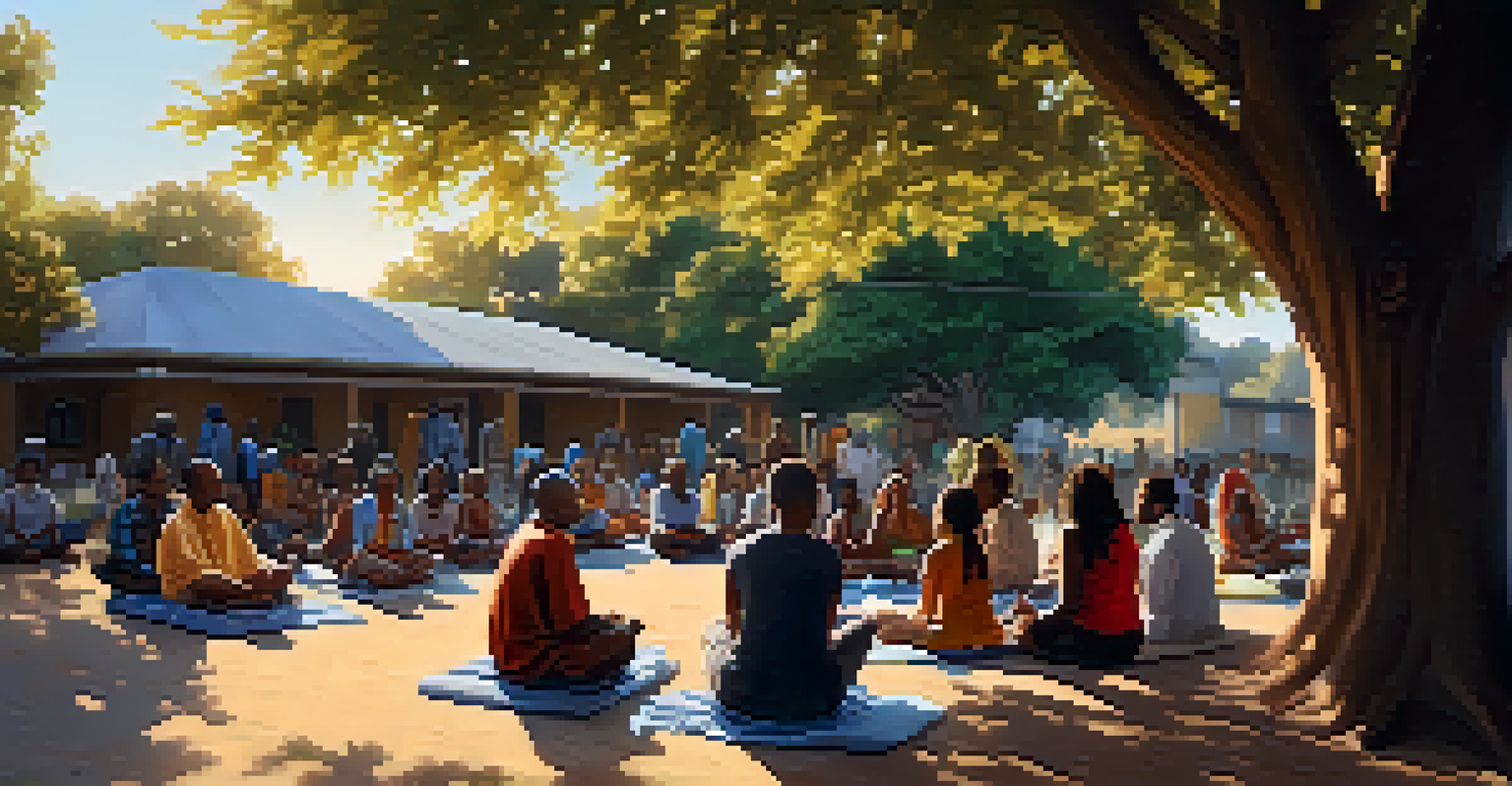 A diverse group of people gathered under a tree, practicing meditation and discussing spirituality together in a warm, inviting atmosphere.