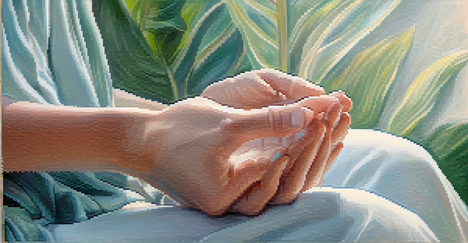 Close-up of hands practicing breathwork, with a blurred calming background.