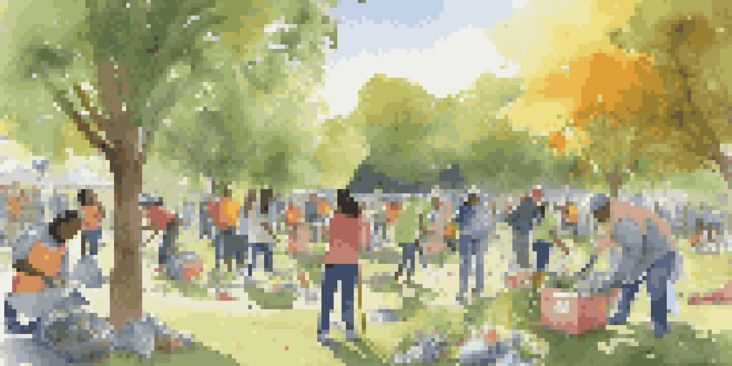 A diverse group of people engaged in a community clean-up in a sunny park, surrounded by greenery and colorful banners.