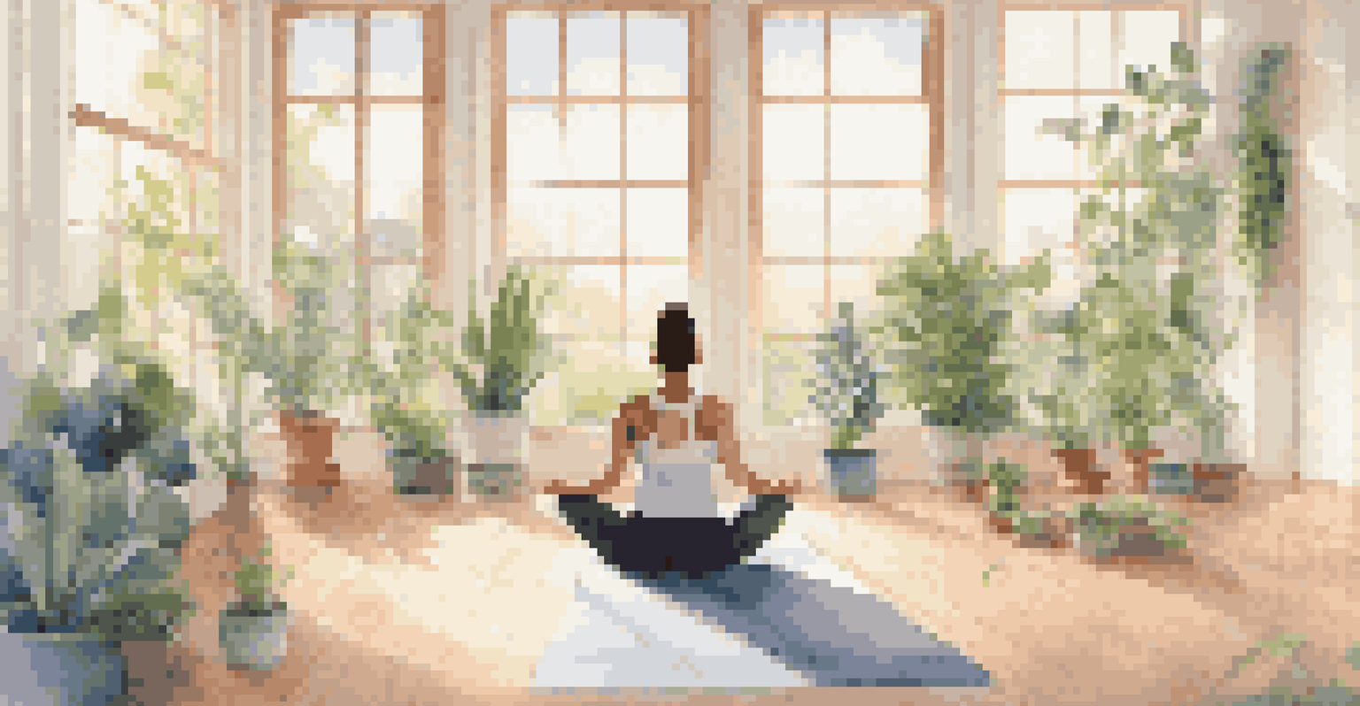 A person meditating on a yoga mat in a bright, peaceful room filled with plants.