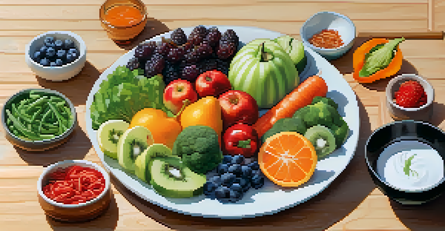A plate of nutritious foods for gut health, including fruits, vegetables, and fermented items, beautifully arranged with natural sunlight.