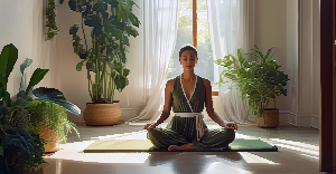 A person meditating in a sunlit room with plants and a soft rug, creating a peaceful ambiance.