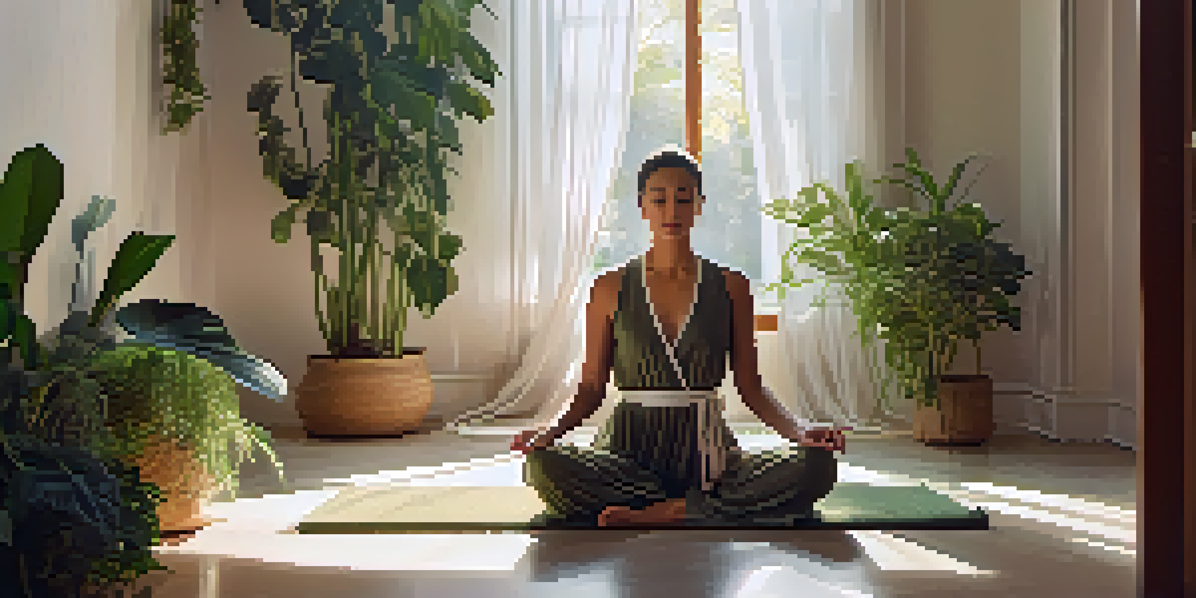 A person meditating in a sunlit room with plants and a soft rug, creating a peaceful ambiance.
