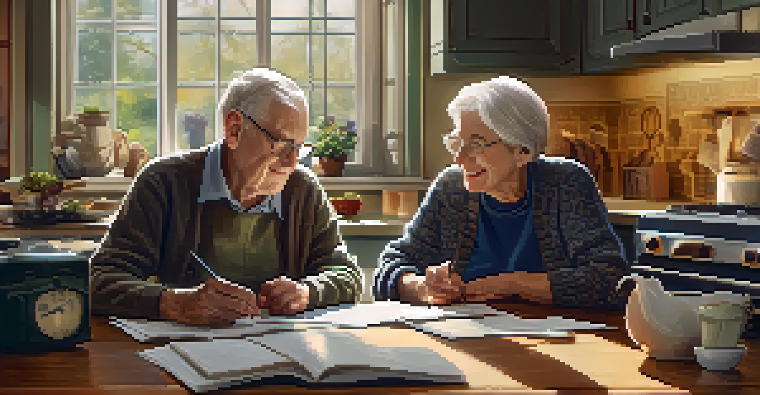 An elderly couple reviewing their retirement plans at a kitchen table with documents and a calculator.
