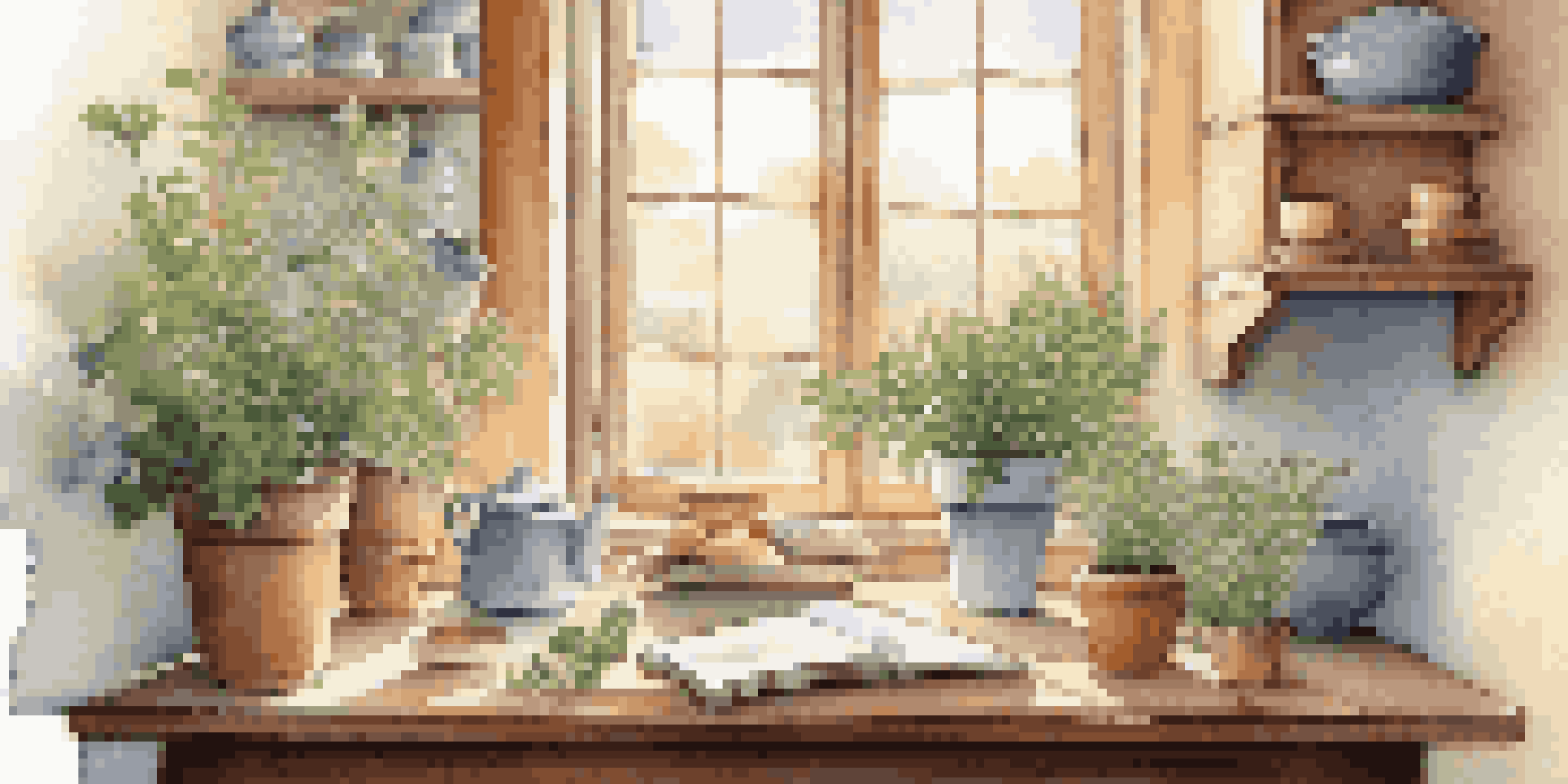 A cozy kitchen bathed in morning light, showcasing a cup of herbal tea, a plant, and a notebook on a wooden table.