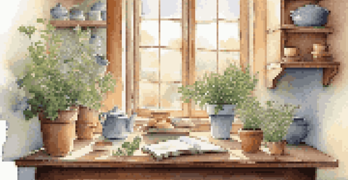 A cozy kitchen bathed in morning light, showcasing a cup of herbal tea, a plant, and a notebook on a wooden table.