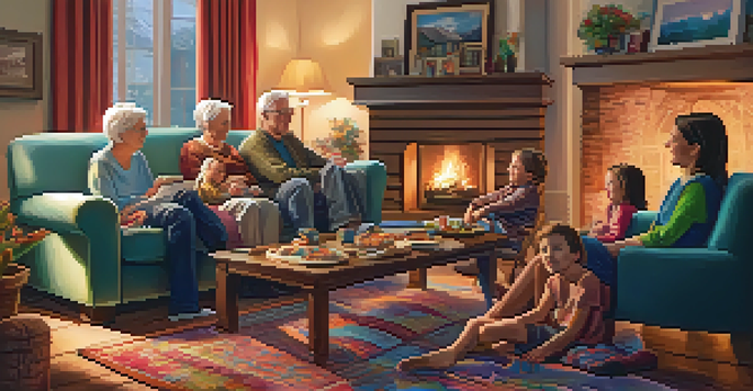 A family gathering where grandparents share stories with grandchildren in a cozy living room.