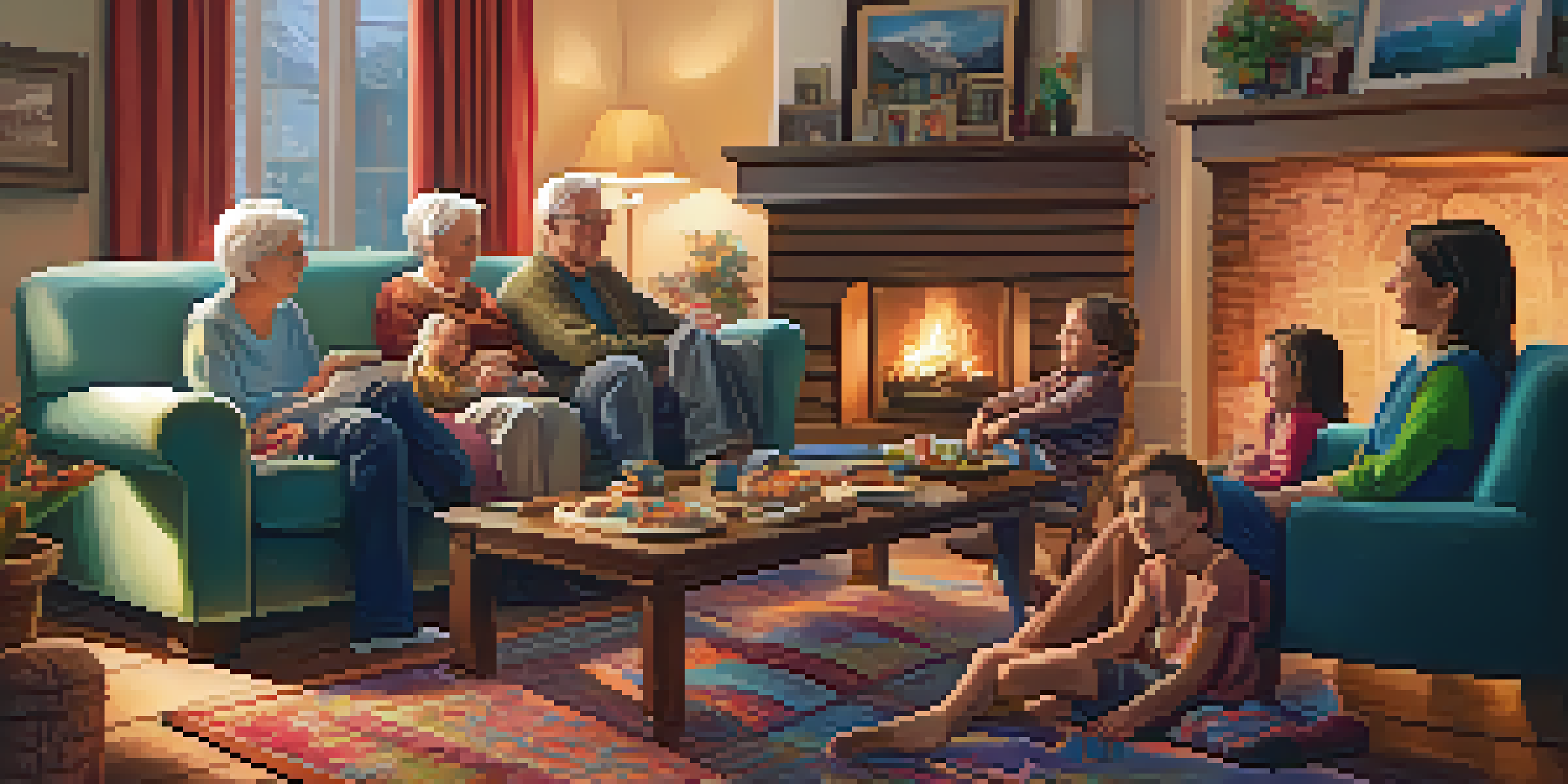 A family gathering where grandparents share stories with grandchildren in a cozy living room.