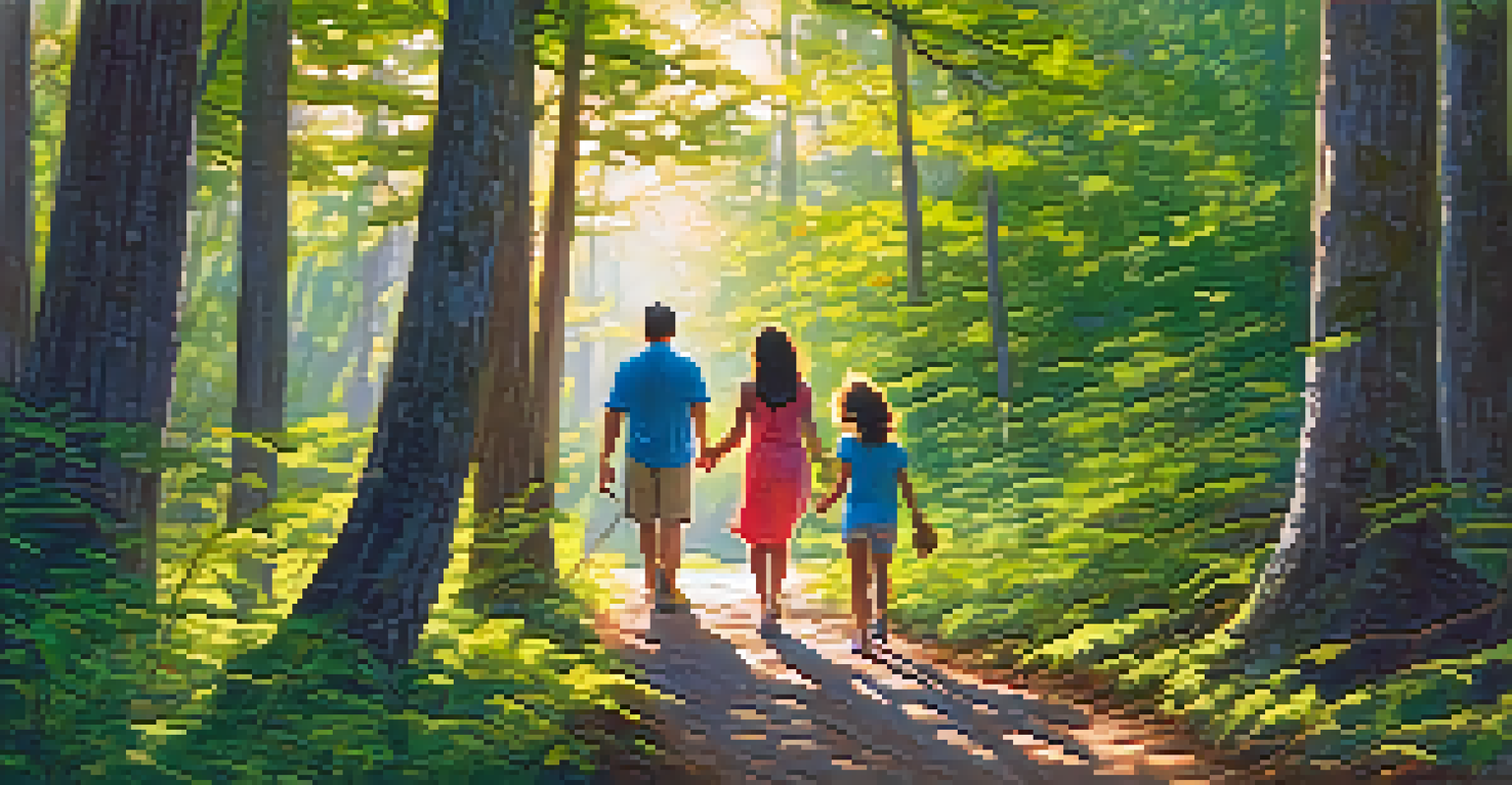 A family walking on a forest trail, enjoying nature and observing a bird in the trees.
