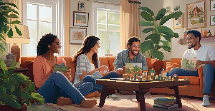 A family enjoying a board game in a cozy living room, surrounded by plants and family photos.