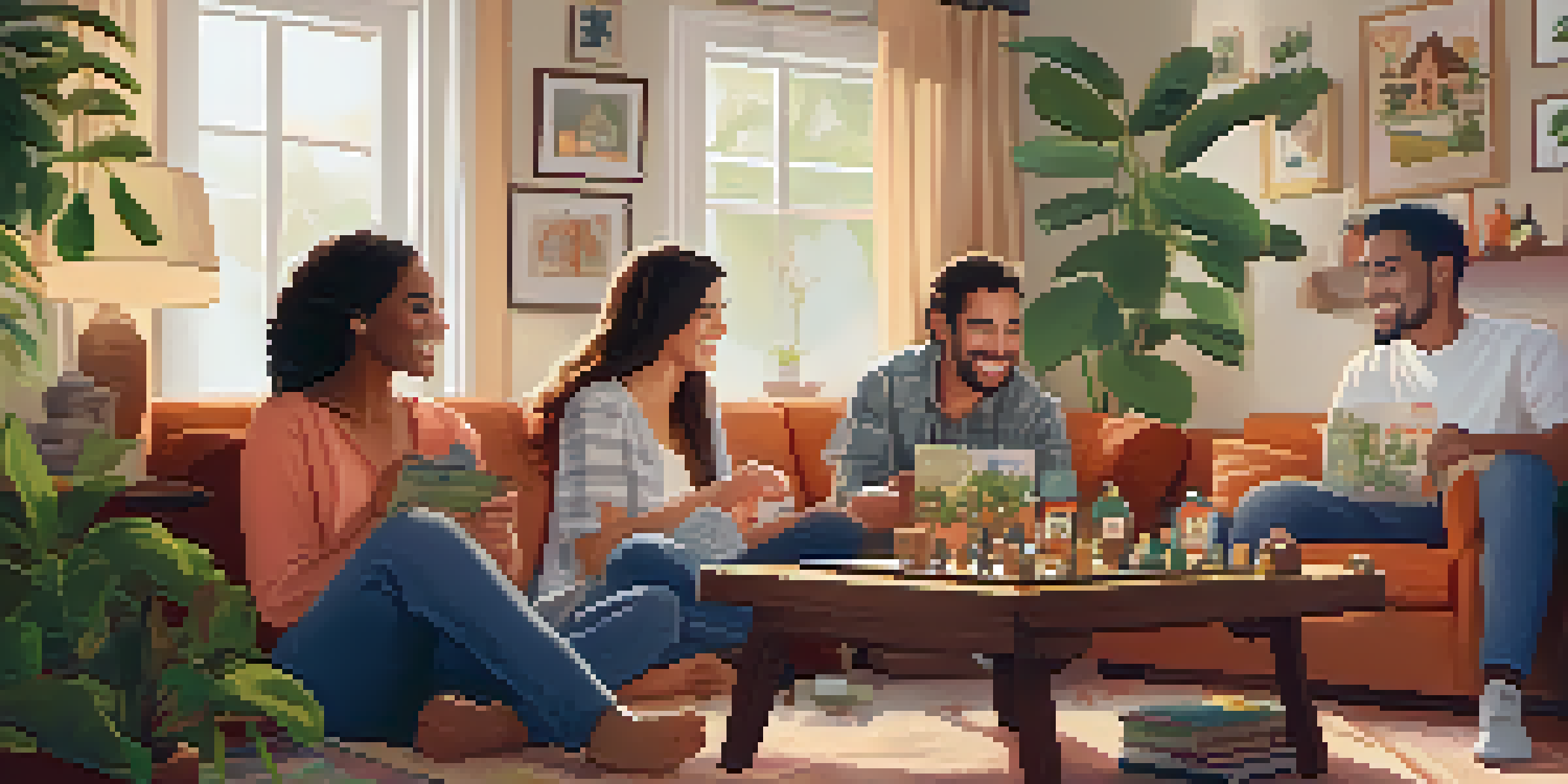 A family enjoying a board game in a cozy living room, surrounded by plants and family photos.
