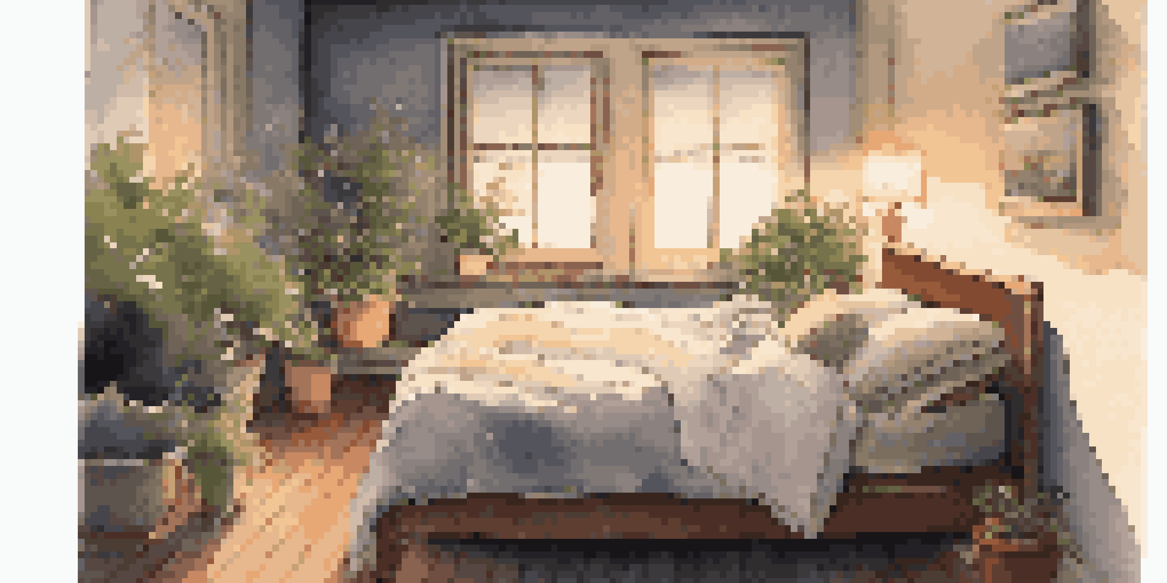 A peaceful bedroom with a cozy bed, warm lighting, and a starry night sky visible through the window.