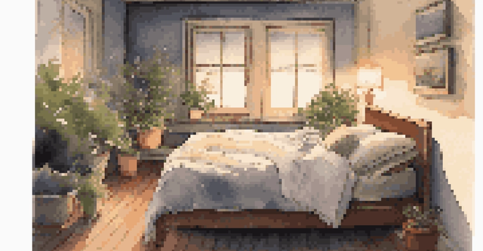 A peaceful bedroom with a cozy bed, warm lighting, and a starry night sky visible through the window.