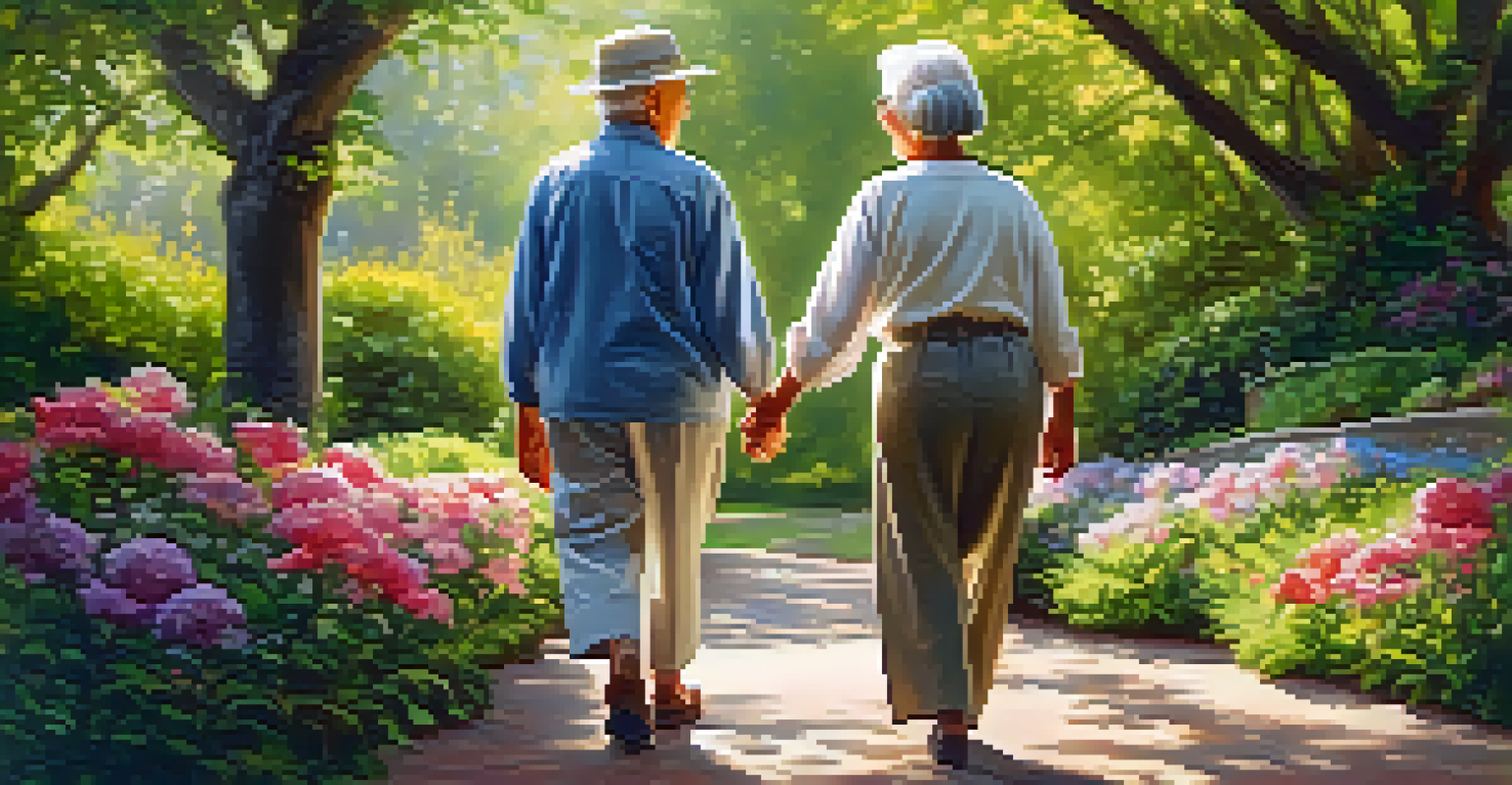 An elderly couple walking hand-in-hand in a beautiful garden, surrounded by blooming flowers and greenery, exuding warmth and companionship.