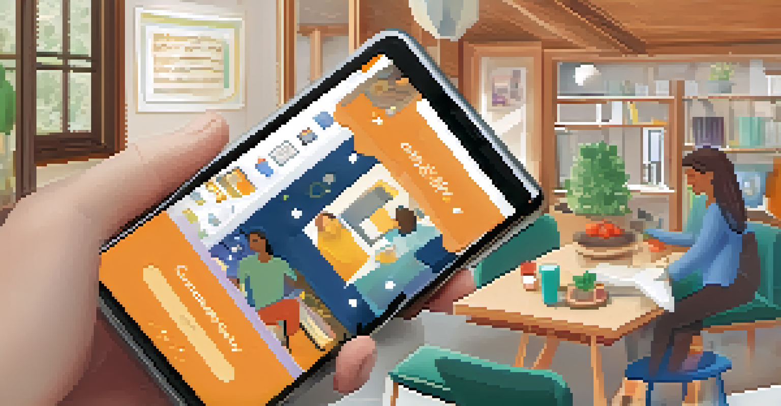A smartphone displaying a community app interface with sections for events and discussions, set in a cozy home environment.