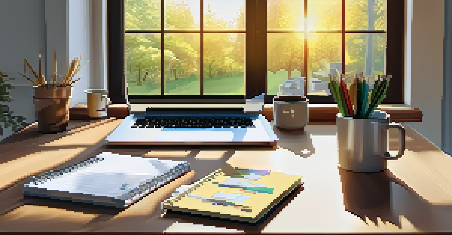 A wooden desk with a laptop displaying a goal-setting app, notebooks, pens, and a coffee cup, with sunlight coming through the window.