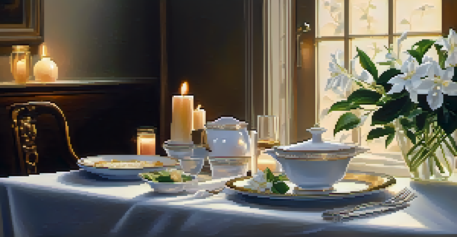 A romantic dinner table with jasmine flowers, candles, and a diffuser, creating an intimate and cozy atmosphere.