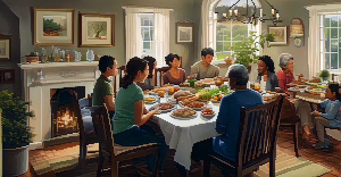 A family enjoying a meal together at a dining table, discussing health with a family health tree chart on the wall.