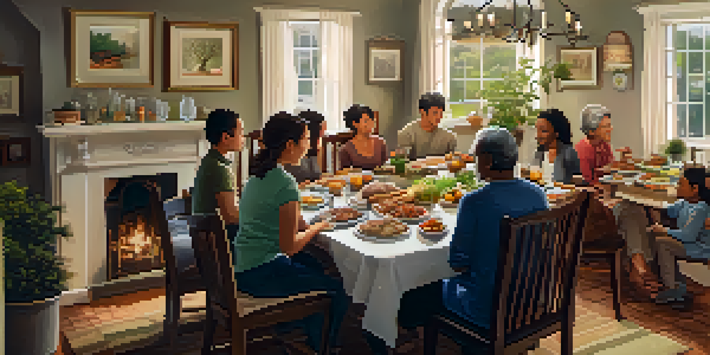 A family enjoying a meal together at a dining table, discussing health with a family health tree chart on the wall.