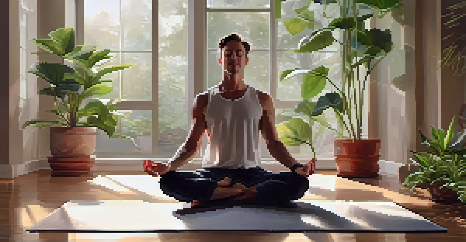 A man practicing yoga indoors on a mat, surrounded by plants, in a peaceful and softly lit environment, embodying calmness and focus.