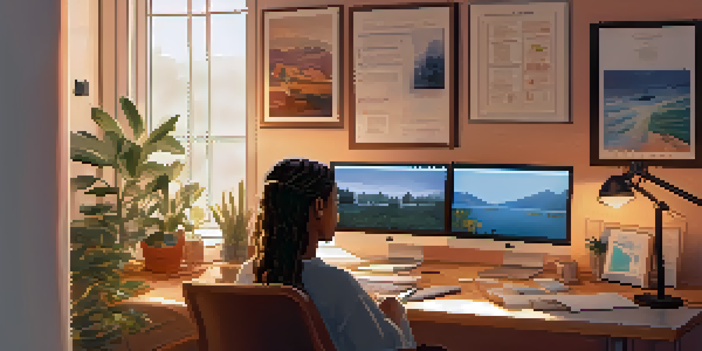 A young person comfortably participating in a teletherapy session at a desk in a warm and inviting workspace.