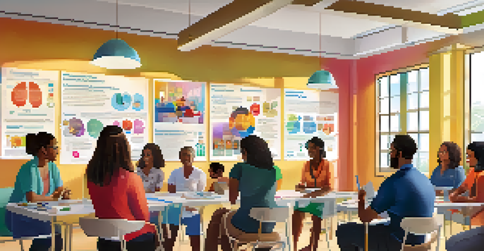 A vibrant community health workshop where diverse individuals discuss vaccination, with informative posters and a healthcare professional demonstrating.