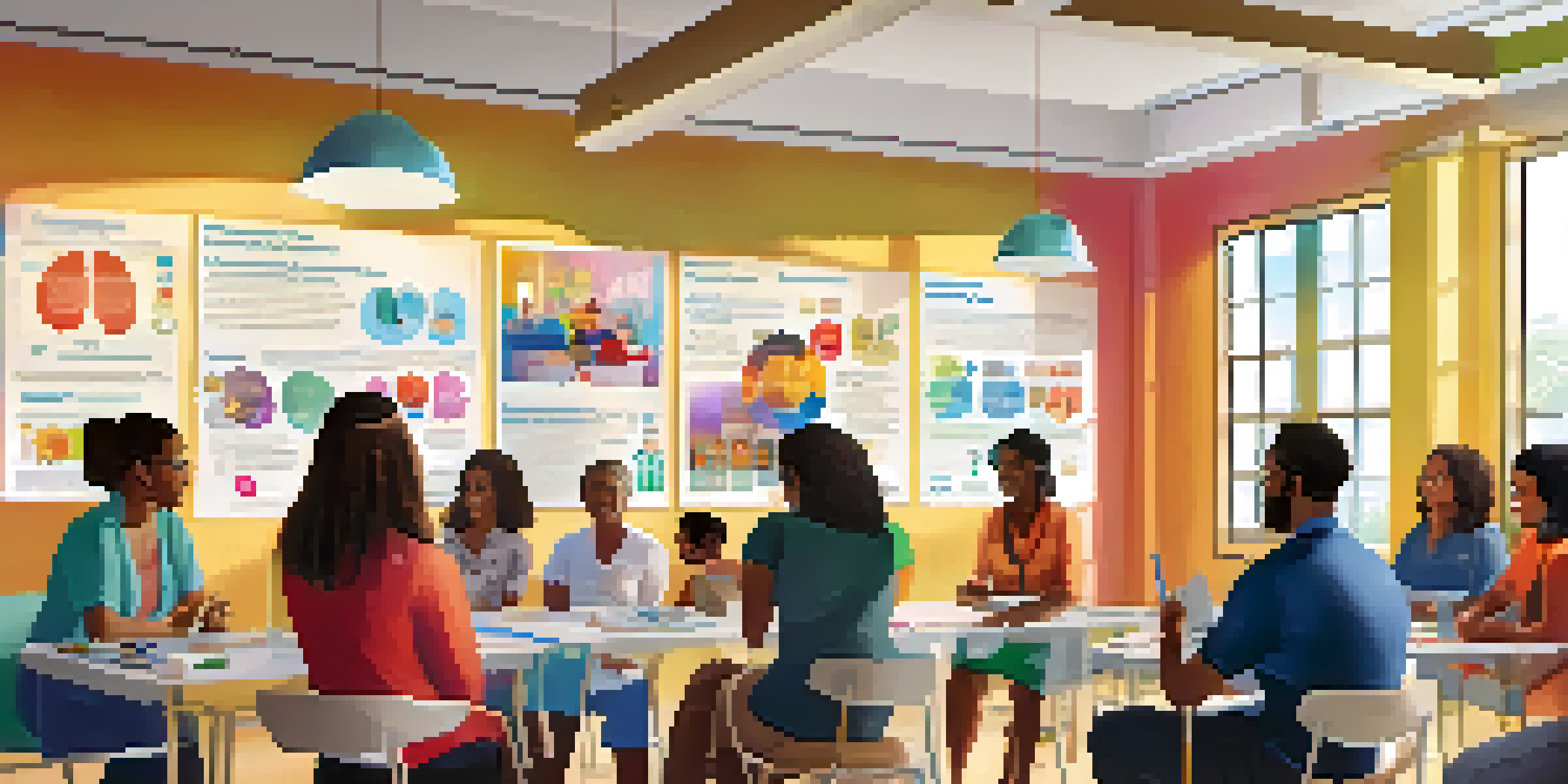 A vibrant community health workshop where diverse individuals discuss vaccination, with informative posters and a healthcare professional demonstrating.