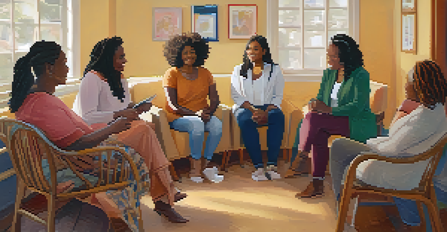 A diverse group of women in a supportive circle, sharing experiences in a warm, inviting room.