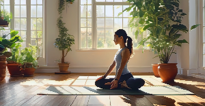 A woman doing yoga in a bright room filled with plants, radiating peace and tranquility.