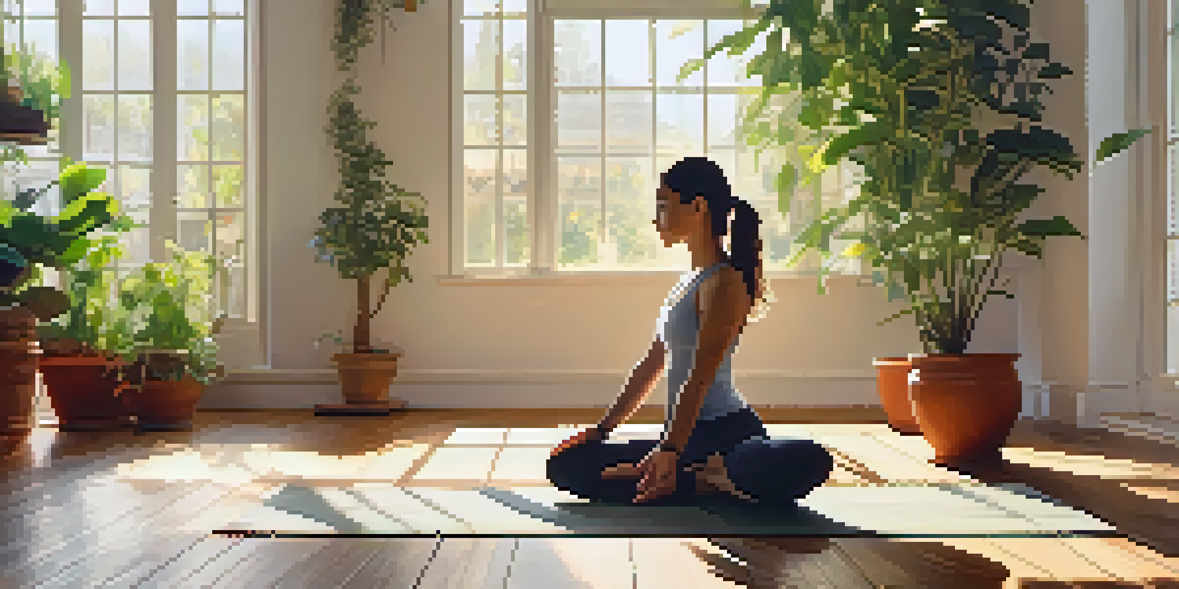 A woman doing yoga in a bright room filled with plants, radiating peace and tranquility.