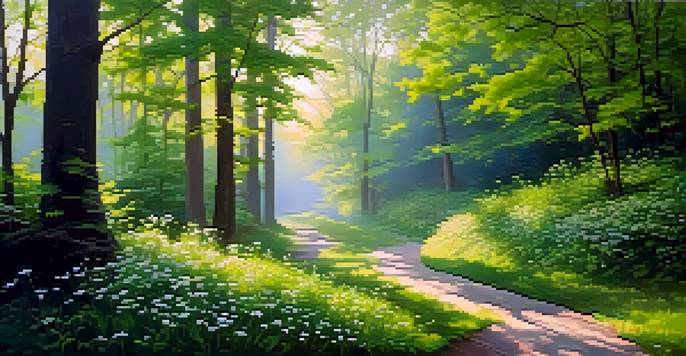 A peaceful forest path surrounded by tall green trees and colorful wildflowers, bathed in soft morning sunlight.