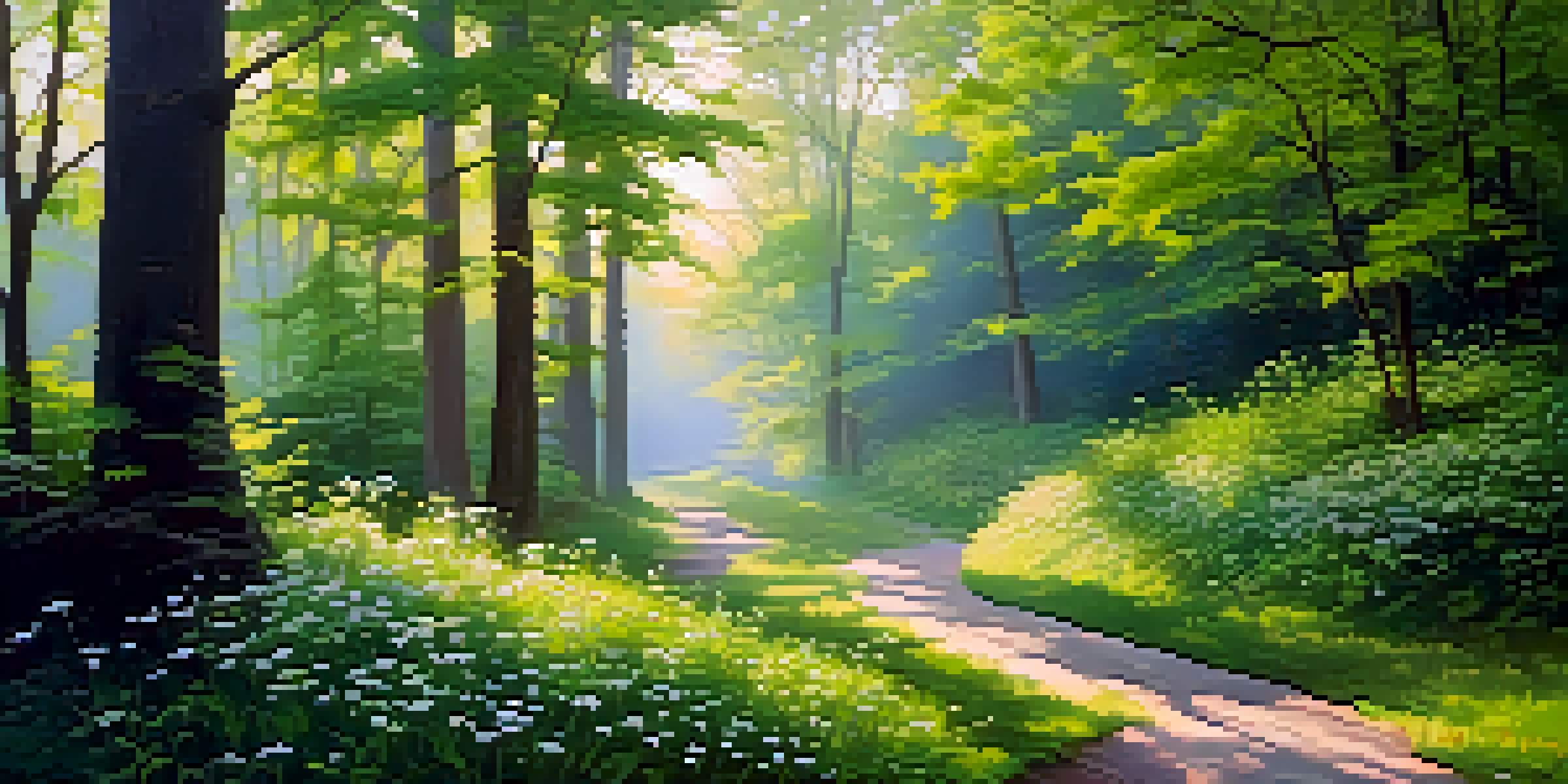 A peaceful forest path surrounded by tall green trees and colorful wildflowers, bathed in soft morning sunlight.