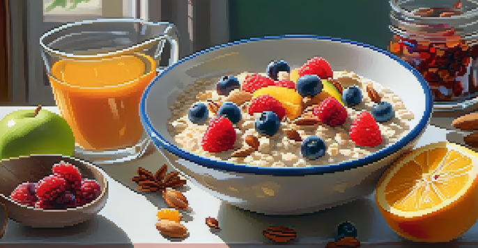 A bowl of oatmeal with fresh fruits and nuts on a wooden table in a sunny kitchen.