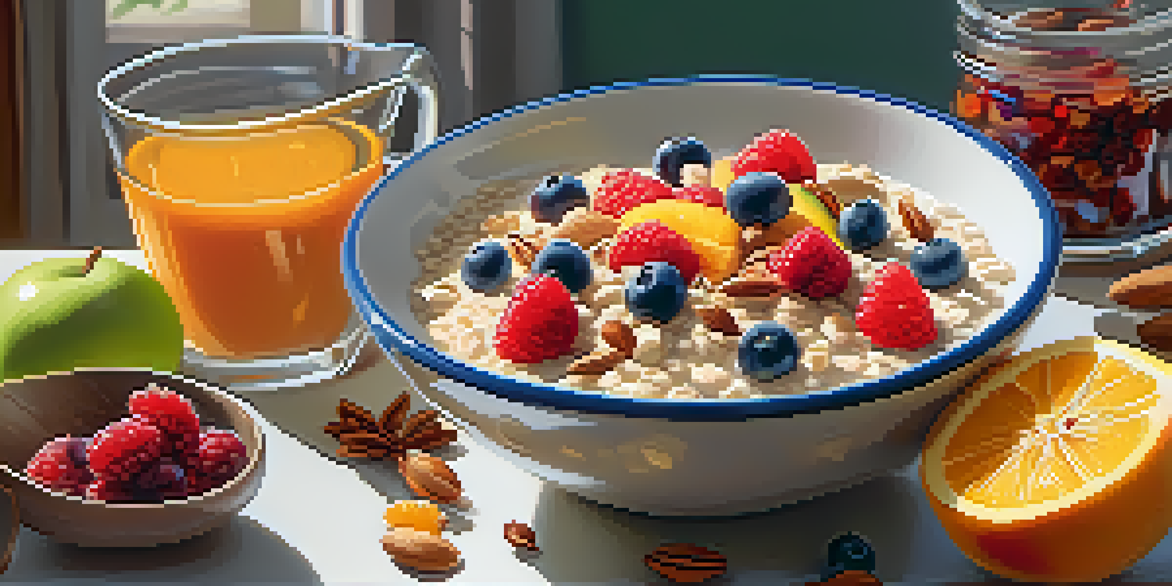 A bowl of oatmeal with fresh fruits and nuts on a wooden table in a sunny kitchen.