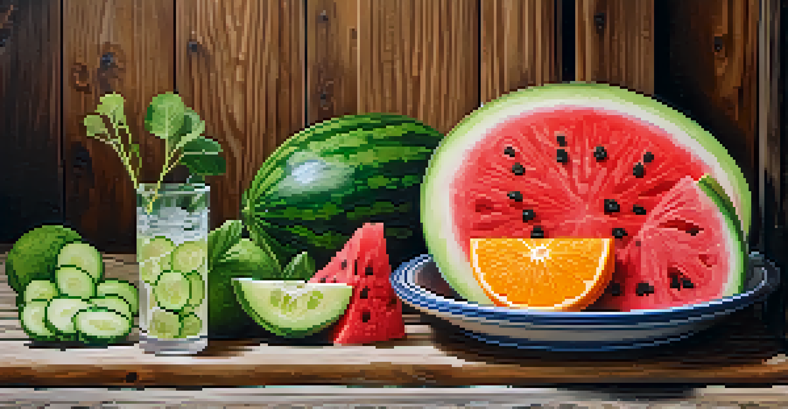 A plate of watermelon, cucumber, and orange slices arranged beautifully with droplets of water.