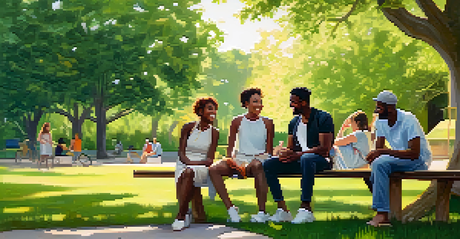 A diverse group of friends engaged in a supportive conversation in a park, surrounded by greenery and soft sunlight.