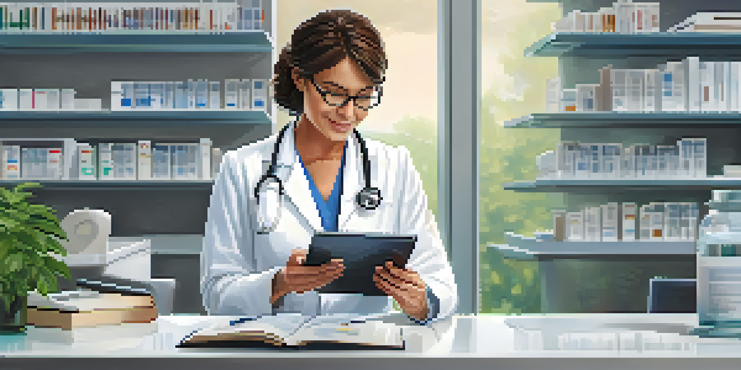 A doctor analyzing genomic data on a tablet in a bright and modern clinic.