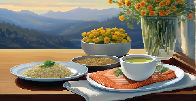 A beautifully arranged dinner table with grilled salmon, quinoa, fresh herbs, a flickering candle, and a cup of chamomile tea, creating a warm and cozy atmosphere.